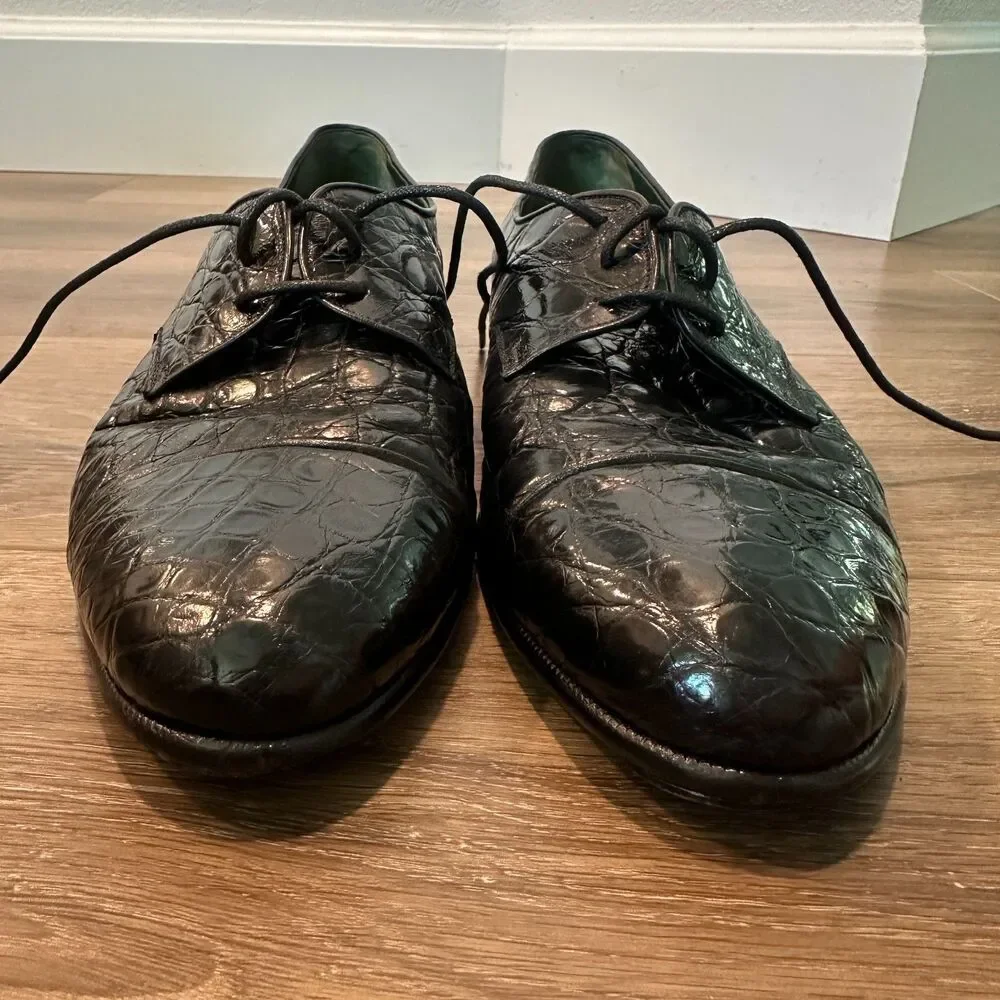 Vintage Gucci Black Alligator Leather Lace Up Derby Dress Shoes Mens Size 10